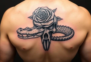 Skull with alligator coiled around it with a Tudor rose above tattoo idea