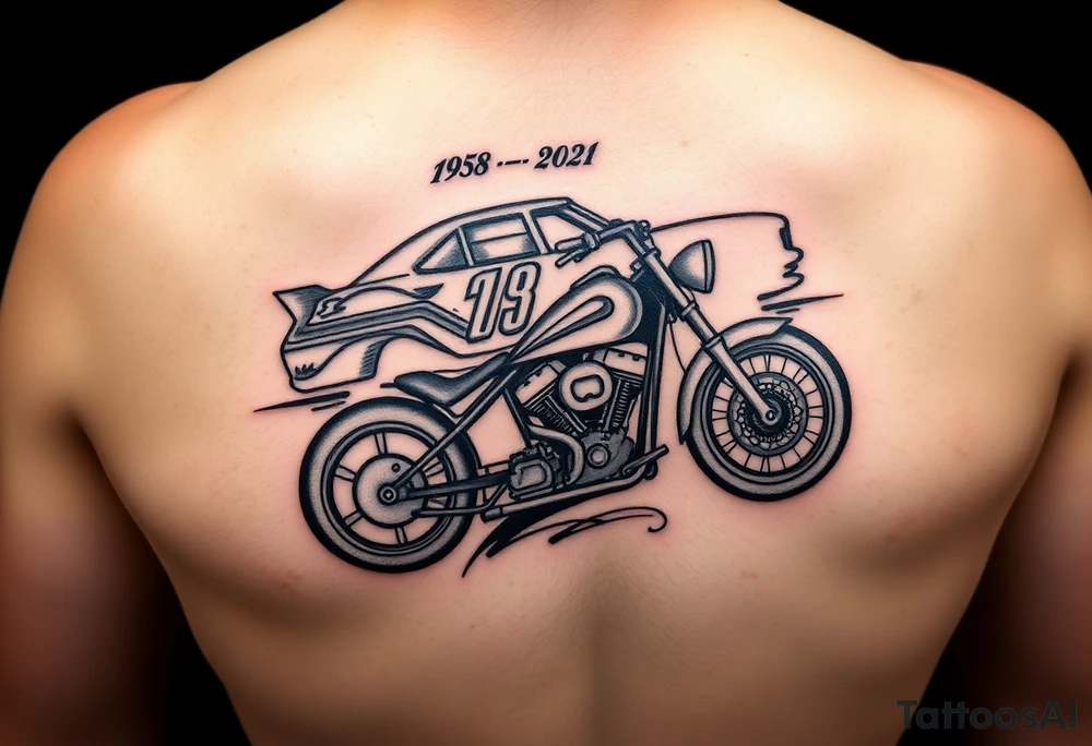 An arm tattoo with Dale Earnhardt car on it with the year 1958 - 2021 intertwined with a motorcycle with a Budweiser logo on it tattoo idea