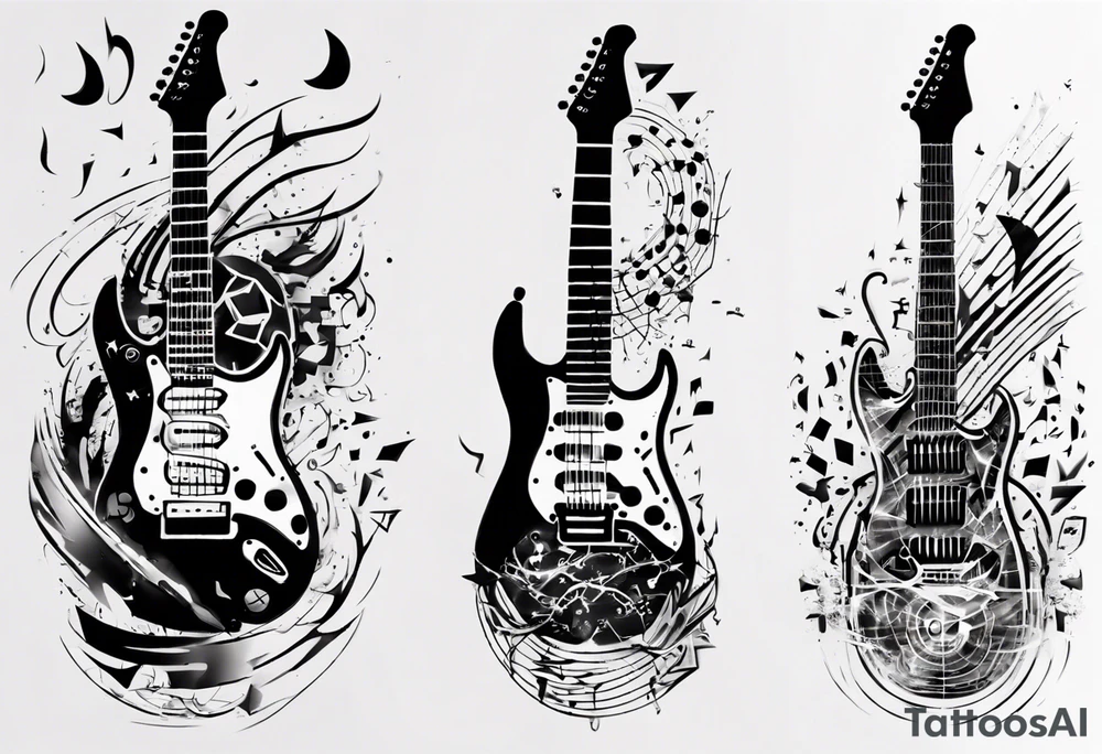 Create a unique vertical tattoo design inspired by my passion for the electric guitar and video games. Consider an abstract representation of musical notes and pixel graphics that fits well on the back of the forearm tattoo idea