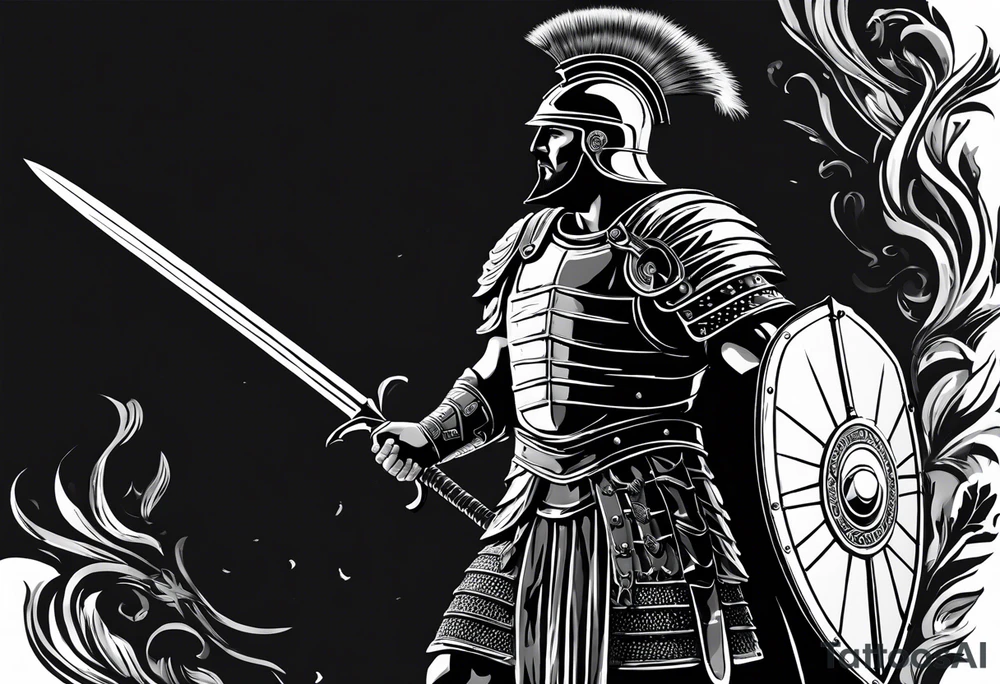 high quality black and white illustration, full body image, a strong tall roman centurion, wearing armour, wearing a belt, wearing a metal breastplate, holding a large shield, wearing a helmet, holding a sword. Flaming arrows are being fired at the centurion, he is blocking the arrows with his shield tattoo idea