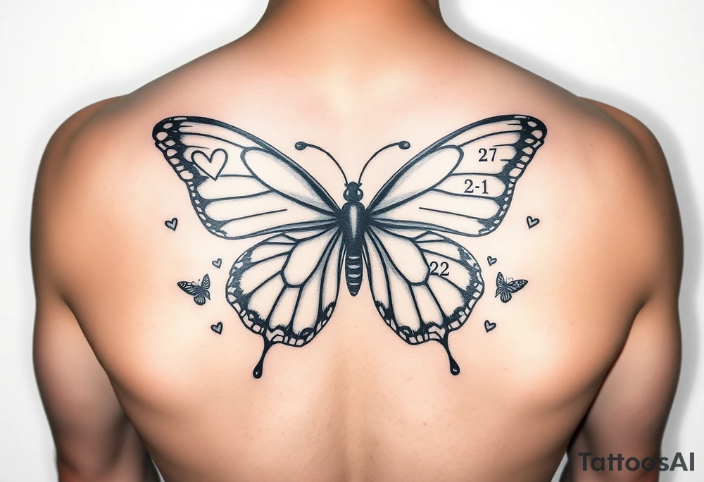 Beautiful Butterfly with heart desinhs on one side and the other side capricorn zodiac  number  with little butterfly's surrounding the bigger butterfly and on both side of the butterfly the names JOSIAH  7-6-21 & on the opposite side the name ADIAN 3-10-23 tattoo idea
