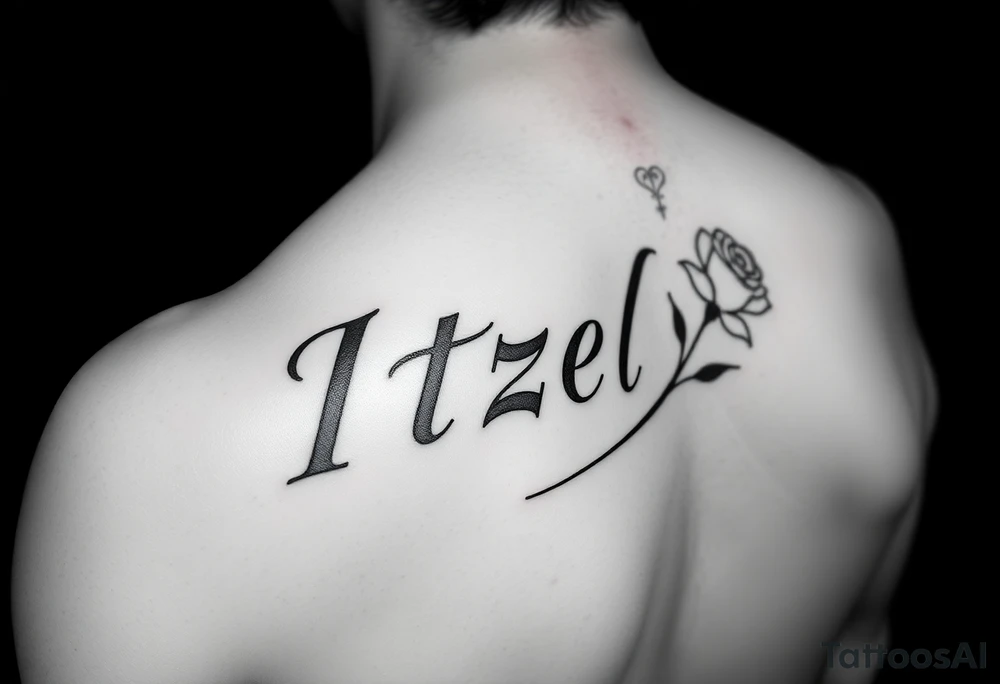 Itzel name on arm with a rose on the side tattoo idea