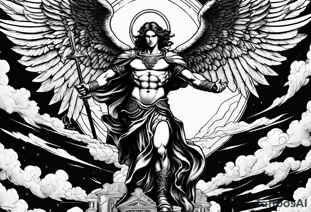 Michael the Archangel standing over the devil. Clouds and lightning in background. tattoo idea Michael the Archangel standing over the devil. Clouds and lightning in background. tattoo idea