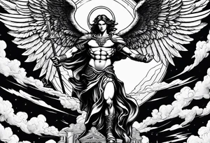 Michael the Archangel standing over the devil.  Clouds and lightning in background. tattoo idea