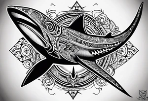 Warp tattoo above the knee, using Polynesian style including shark teeth arrows manta ray hammerhead shark tattoo idea