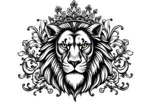 majestic lion wearing ornate crown, surrounded by baroque flourishes tattoo idea