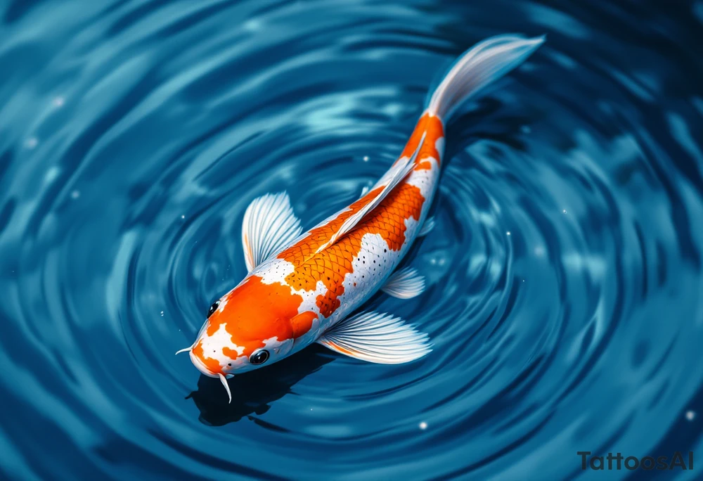 Speckled Orange Koi with Ripples – A playful koi with mottled orange and white patterns, creating soft ripples in a calm blue pond. tattoo idea