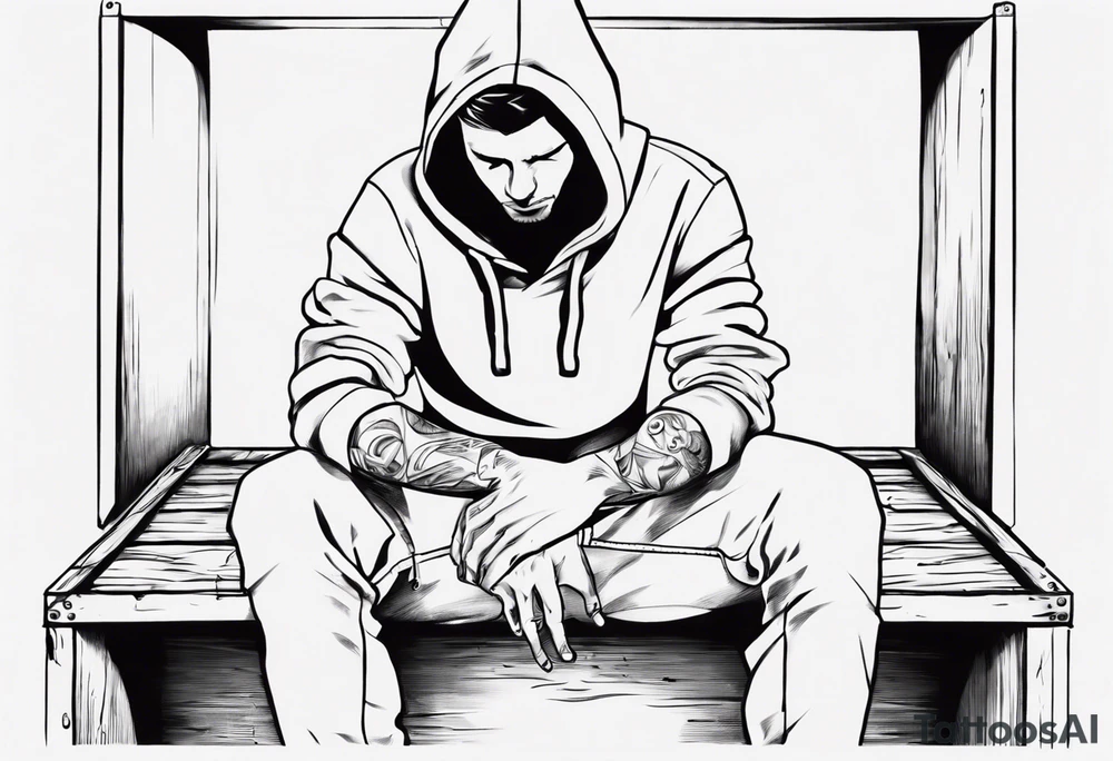 a guy in a hoodie sitting on a wooden box, looking down. Make it feel contemplative, as if you're viewing it from 10 meters away. tattoo idea