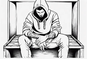 a guy in a hoodie sitting on a wooden box, looking down. Make it feel contemplative, as if you're viewing it from 10 meters away. tattoo idea