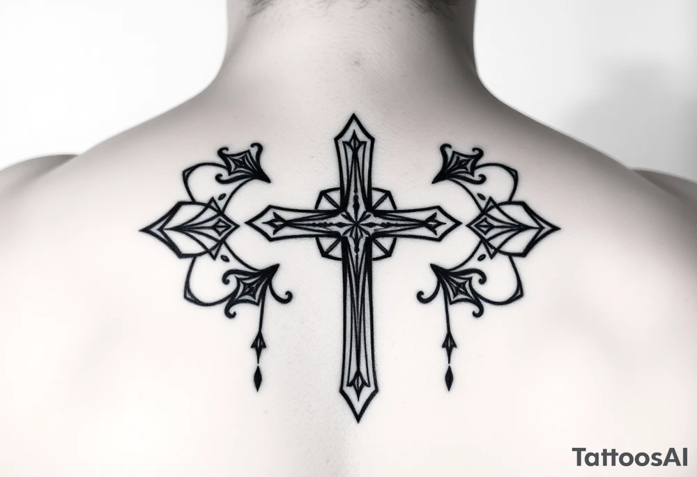 christian cross, surrounded by geometrics ornaments tattoo idea