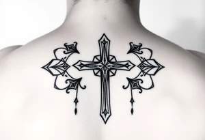 christian cross, surrounded by geometrics ornaments tattoo idea