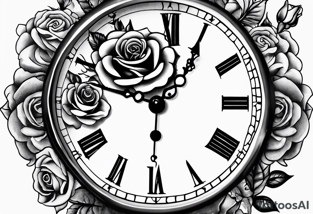 Pocket watch with chain and roses tattoo idea