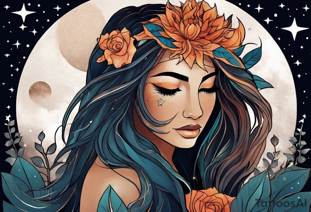 women turning to her side with a leo zodiac symbol on her forehead, lion scar on her eye and stars, moon and sun floating behind her back Recreate similar versions of this tattoo image however at the bottom instead of plants have her blend away like a smoke effect, you can use Stars or clouds to help fill in space. Also have a somewhat Smokey red line wrapping going from the back of the neck to the pinky and overlapping the woman tattoo as well tattoo idea