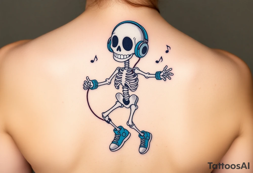 Cute smiling skeleton jumping on a jump rope with blue headphone and blue tennis shoes and blue armbands with nice  music notes tattoo idea