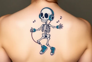 Cute smiling skeleton jumping on a jump rope with blue headphone and blue tennis shoes and blue armbands with nice  music notes tattoo idea