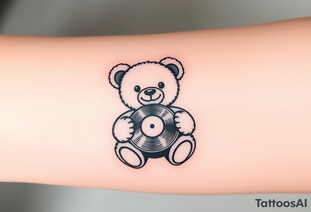 minimalist teddy bear smiling and holding a vinyl record tattoo idea