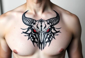 Evil Abstract looking taurus skull chest tattoo with red eyes tattoo idea