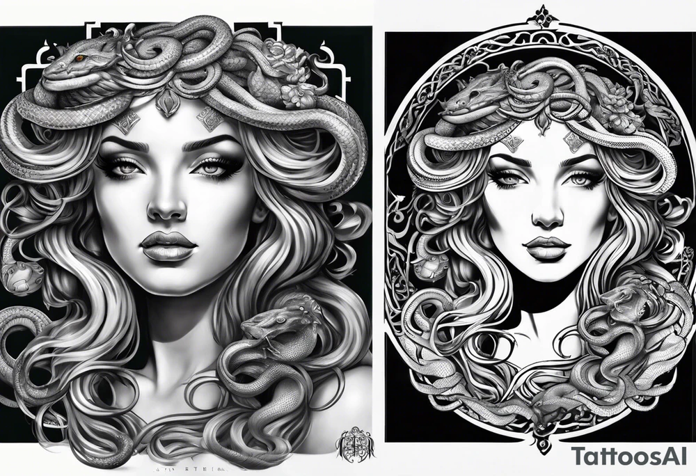 Medusa, before and after she had snakes for hair in the form of tarot cards tattoo idea