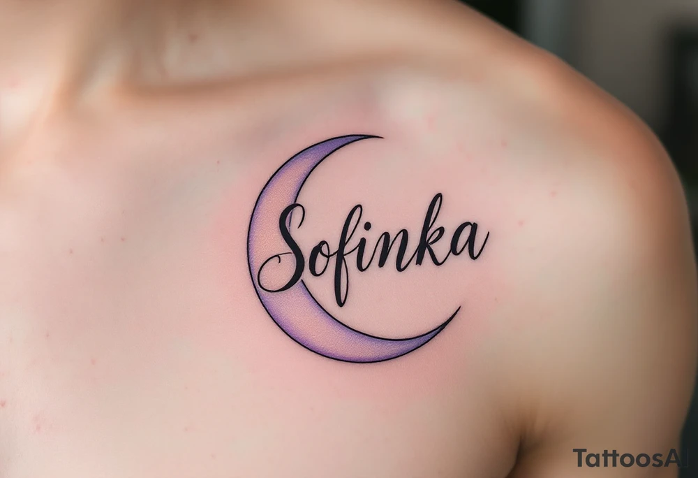 Sofinka name nestled within a crescent moon, shaded in light silver and pastel violet. tattoo idea