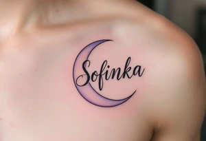 Sofinka name nestled within a crescent moon, shaded in light silver and pastel violet. tattoo idea