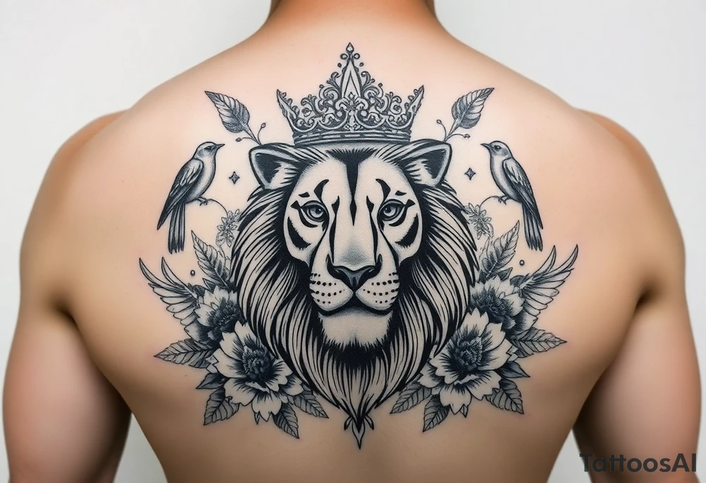 powerful majestic lion with a crown, surrounded by floral ornaments and birds tattoo idea
