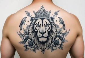 powerful majestic lion with a crown, surrounded by floral ornaments and birds tattoo idea