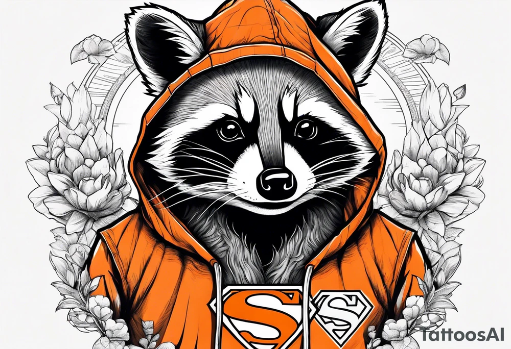 Raccoon wearing an orange Superman hoodie tattoo idea