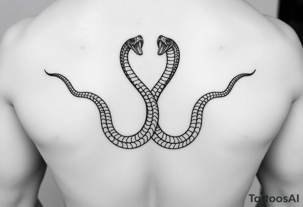 Id like a back tattoo with two snakes.  The illustration should be minimal with "skin-break."  I'd like the tails to be intertwined to accentuate my upper buttocks/upper butt crack, and Id like the snakes to moving upwards to the upper back, with the heads stopping just under my shoulder blades.  Almost like a "V shape" but very organic, like a symmetrical winding road.  Id like the tattoo to be sexy and accentuate my back to make my waist look small.  Black and white. Minimal.  Fine line. Please use a male body type. tattoo idea