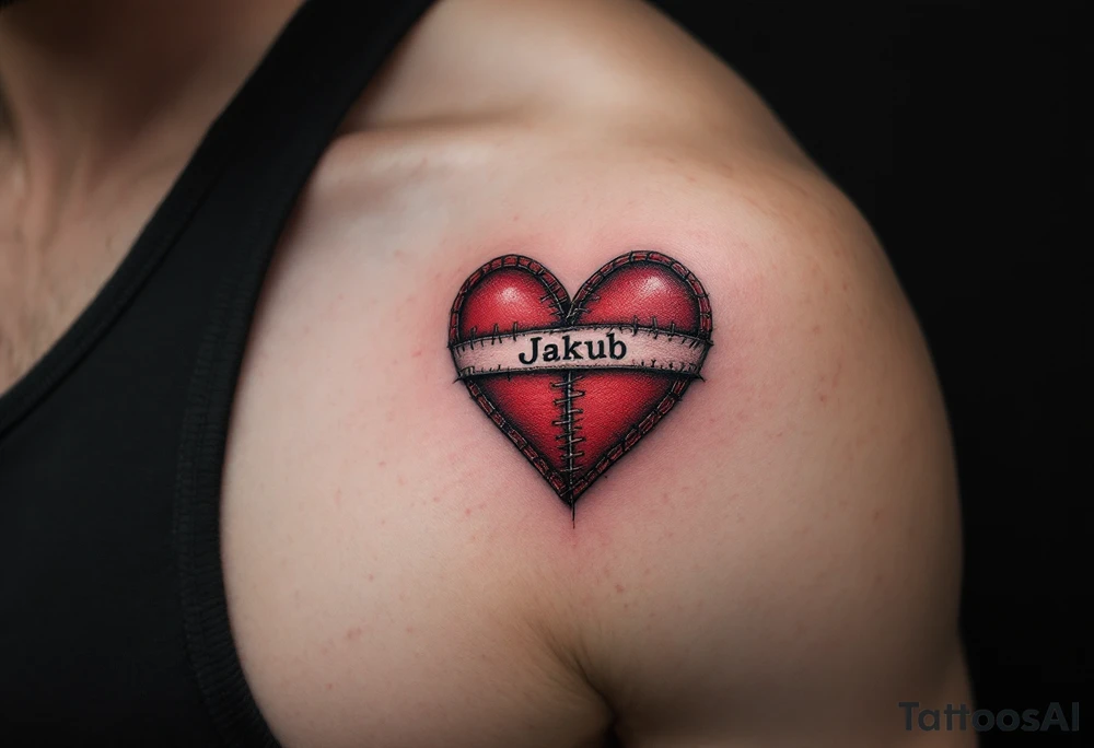 A tattoo of a stitched heart in crimson with Jakub written across the seam. tattoo idea