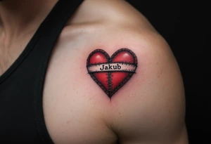 A tattoo of a stitched heart in crimson with Jakub written across the seam. tattoo idea