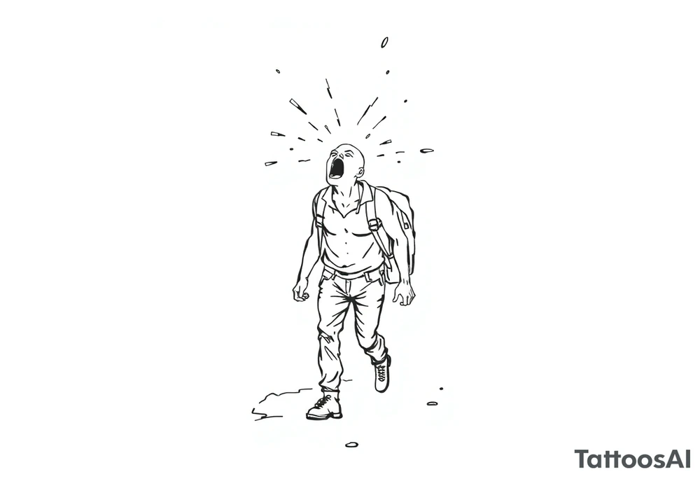 Confusion and pressure in thin lines on screaming solo traveler with no face with his skin ripped left on the path he passed tattoo idea