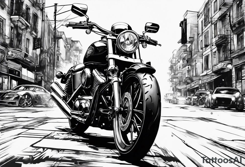 motorcycle  with guns riding at night in the city tattoo idea