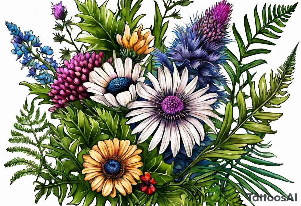 small vertical mixed wildflower bouquet with ferns, thistle and with color tattoo idea