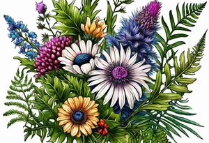 small vertical mixed wildflower bouquet with ferns, thistle and with color tattoo idea