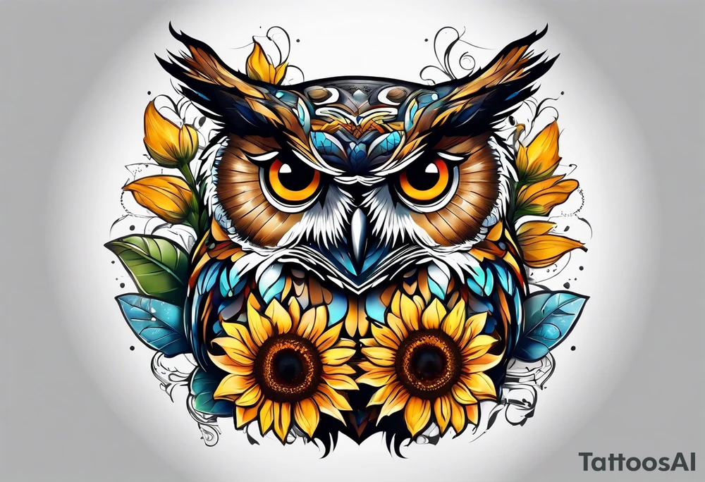 Small owl.with sunflowers and butterflies tattoo idea