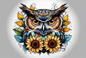 Small owl.with sunflowers and butterflies tattoo idea