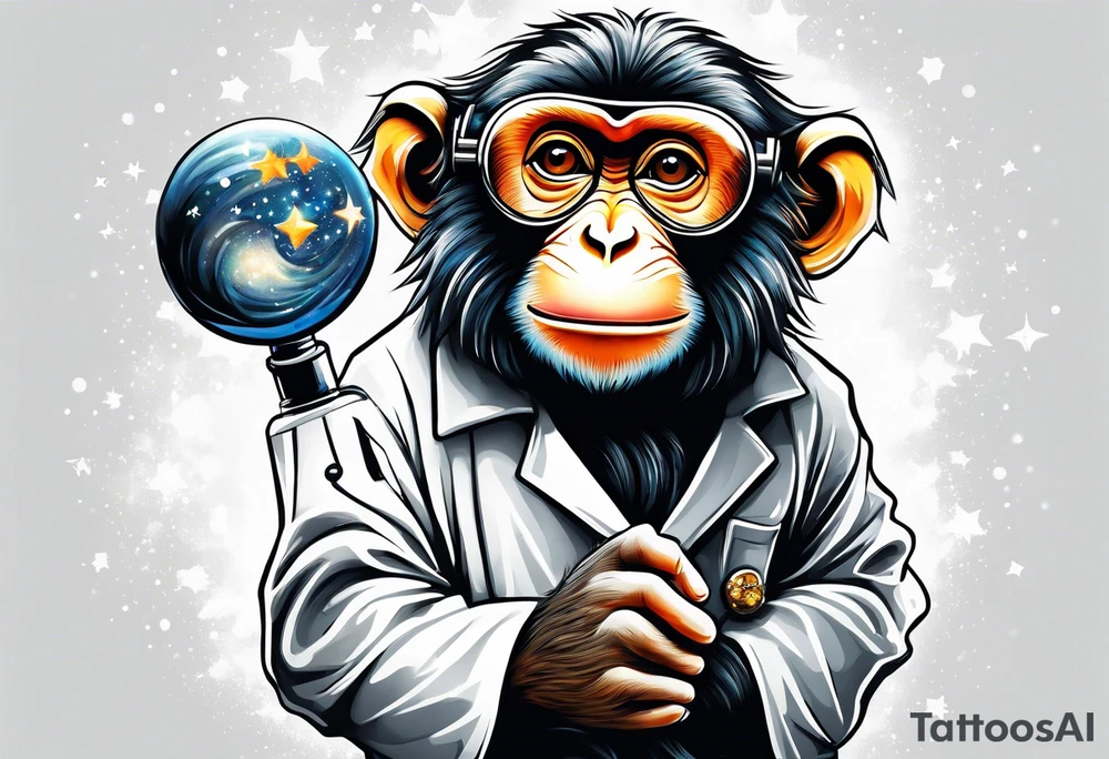 Small monkey in a lab coat looking up at the stars through a telescope tattoo idea