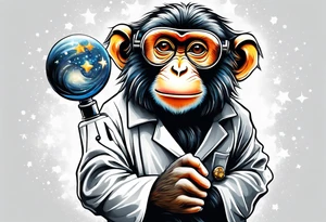 Small monkey in a lab coat looking up at the stars through a telescope tattoo idea