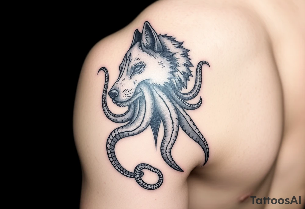 Fantasy Wolf octopus in the arm tattoo idea