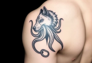 Fantasy Wolf octopus in the arm tattoo idea