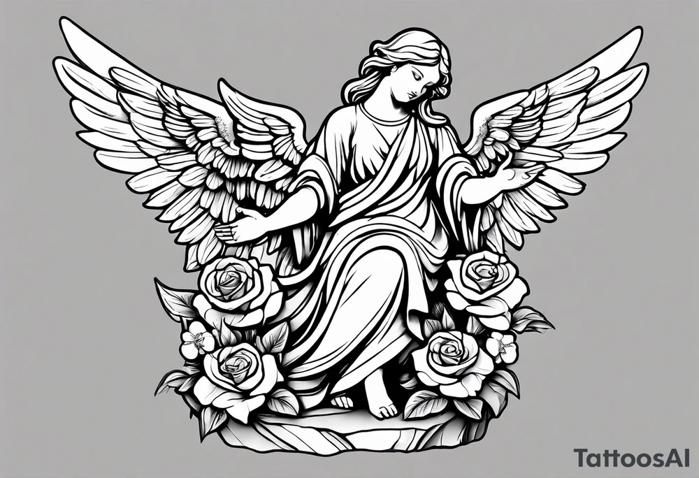 Simple Angel statue stood on a rock with daffodils and roses wrapped around its legs tattoo idea