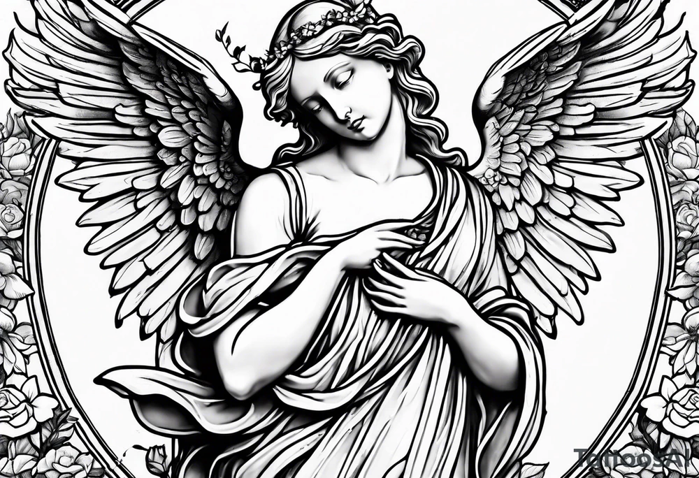 Angel statue stood on a rock with daffodils and roses wrapped around its legs tattoo idea