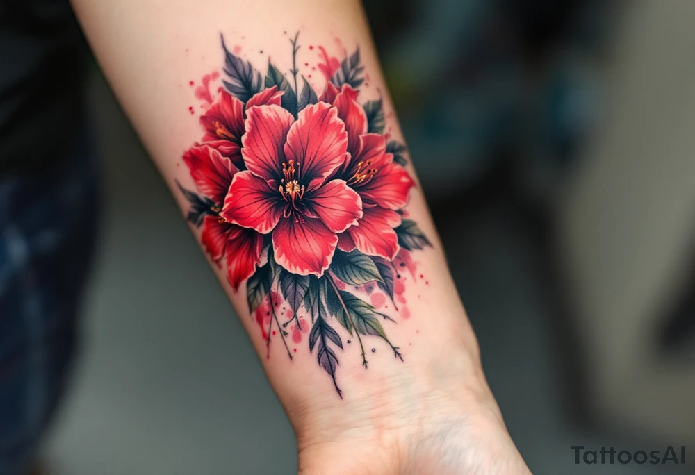 red  and black rhododendron trippy with mandala behind tattoo idea