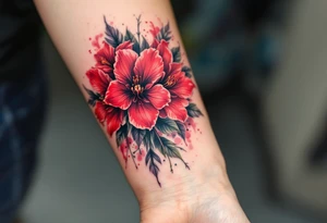 red  and black rhododendron trippy with mandala behind tattoo idea