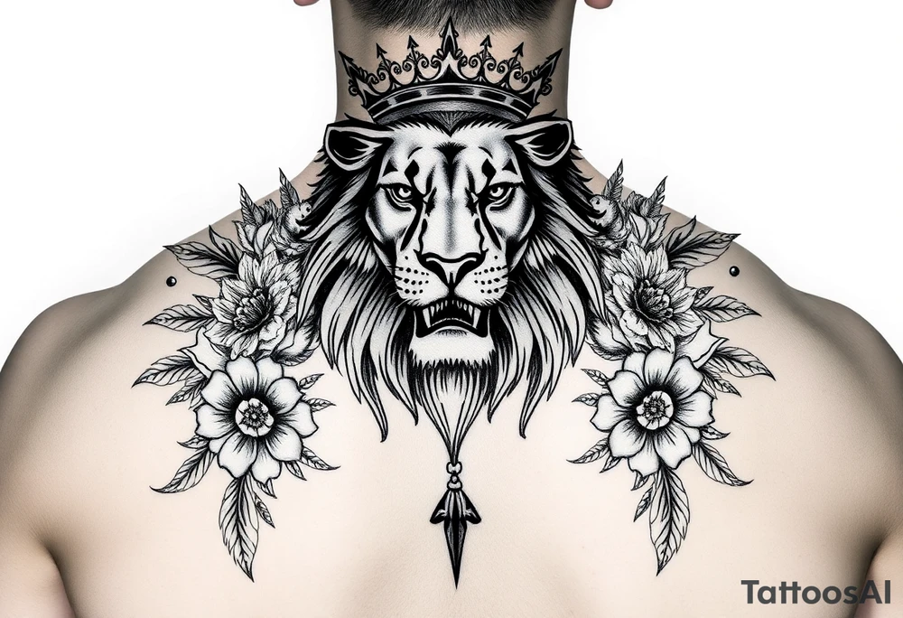 powerful majestic lion with a crown, surrounded by floral ornaments and birds tattoo idea