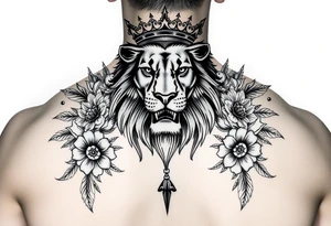 powerful majestic lion with a crown, surrounded by floral ornaments and birds tattoo idea