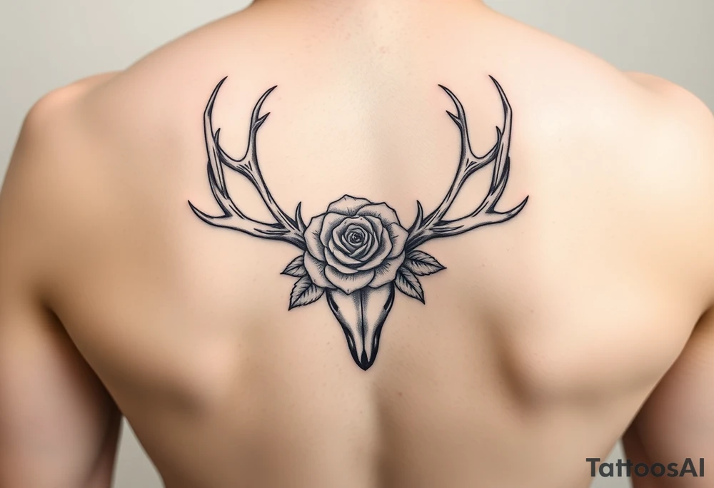 Deer antlers with flower of rose or pétunia tattoo idea