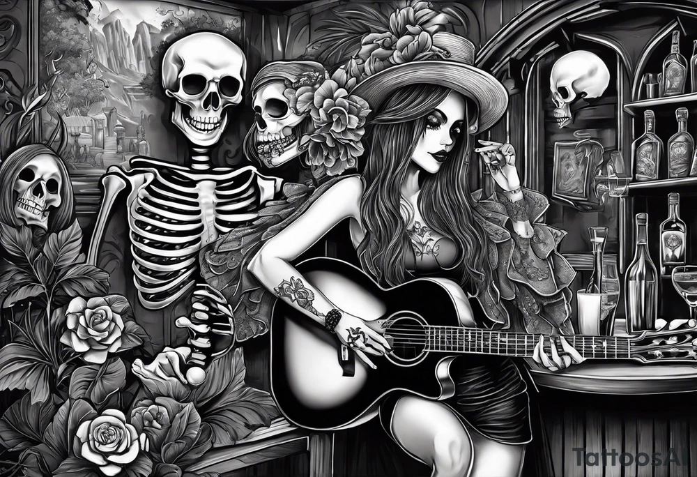 a bar scene with western female and male skeletons. The female skeleton has hibiscus flowers for eyes, and the male skeleton plays the guitar. tattoo idea