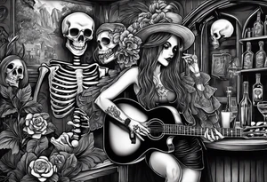 a bar scene with western female and male skeletons. The female skeleton has hibiscus flowers for eyes, and the male skeleton plays the guitar. tattoo idea