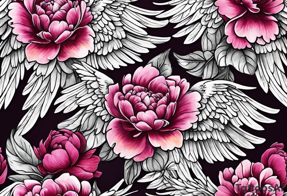 beautiful angel wings with colorful hot pink, burgundy, peonies. beautiful flilligree in the background , full color tattoo idea